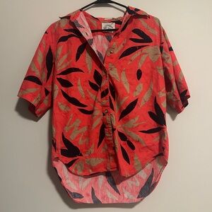 Vintage Jennifer Moore Adventure Coral and Black Leaf Print Blouse Hawaii